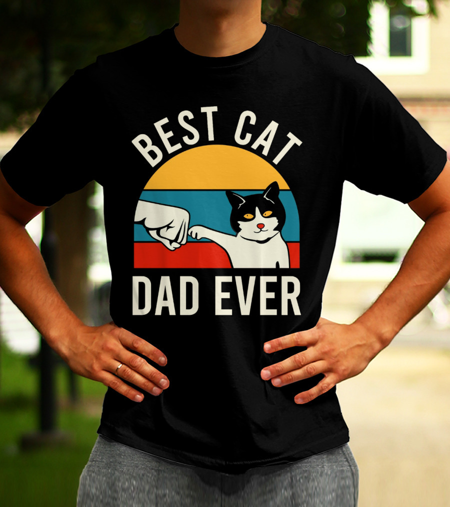 Best Cat Dad Ever Vintage Retro Cat Fist Bump Sunburst T-Shirt