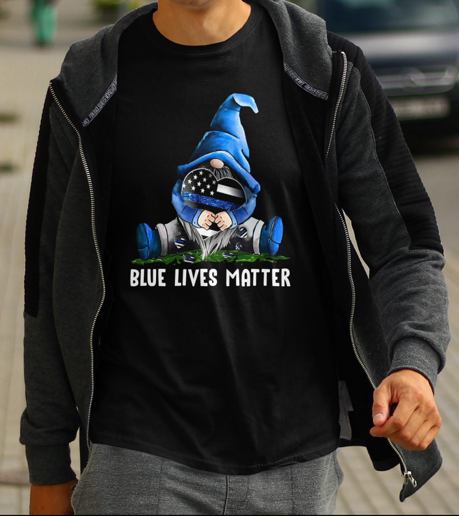 Blue Lives Matter Gnome Holding Thin Blue Line Flag T-Shirt