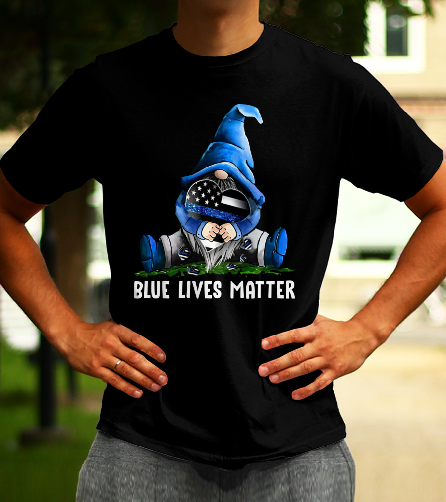 Blue Lives Matter Gnome Holding Thin Blue Line Flag T-Shirt