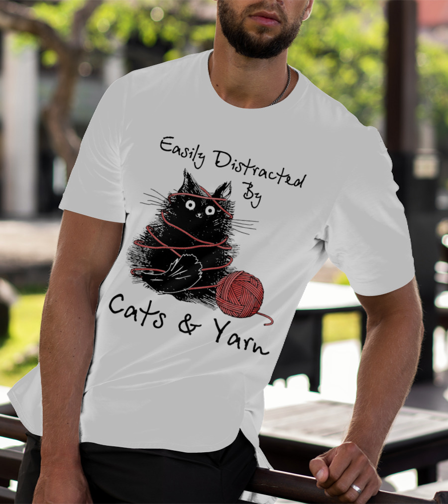 Easily Distracted By Cats And Yarn With Playful Cat Wrapped In Red Yarn T-Shirt