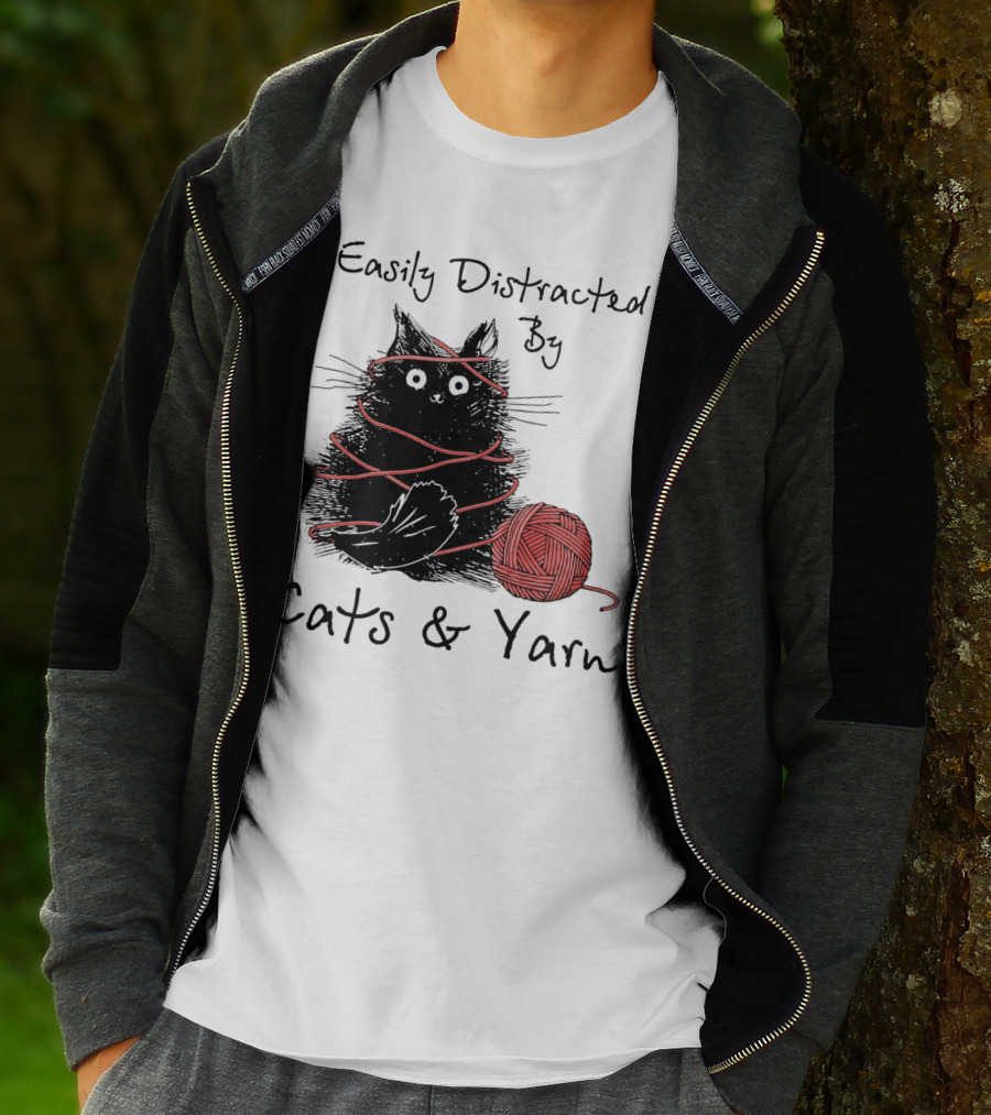 Easily Distracted By Cats And Yarn With Playful Cat Wrapped In Red Yarn T-Shirt