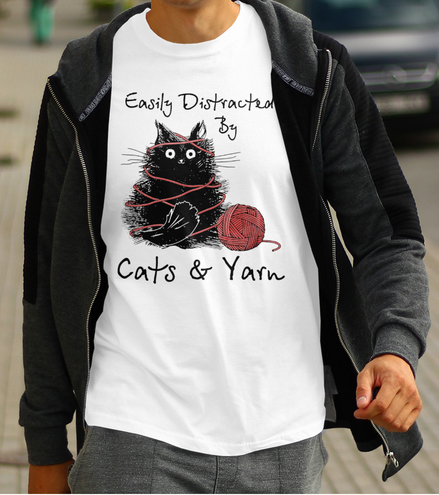Easily Distracted By Cats And Yarn With Playful Cat Wrapped In Red Yarn T-Shirt