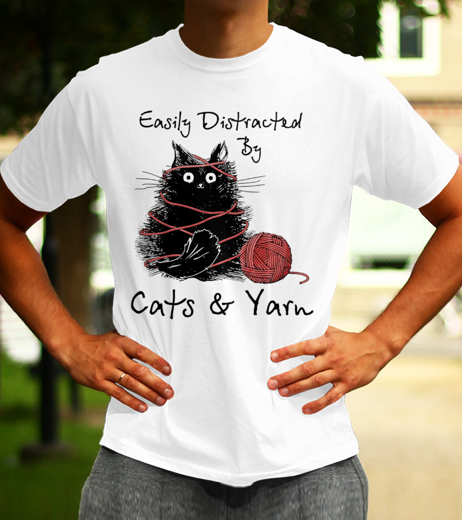 Easily Distracted By Cats And Yarn With Playful Cat Wrapped In Red Yarn T-Shirt