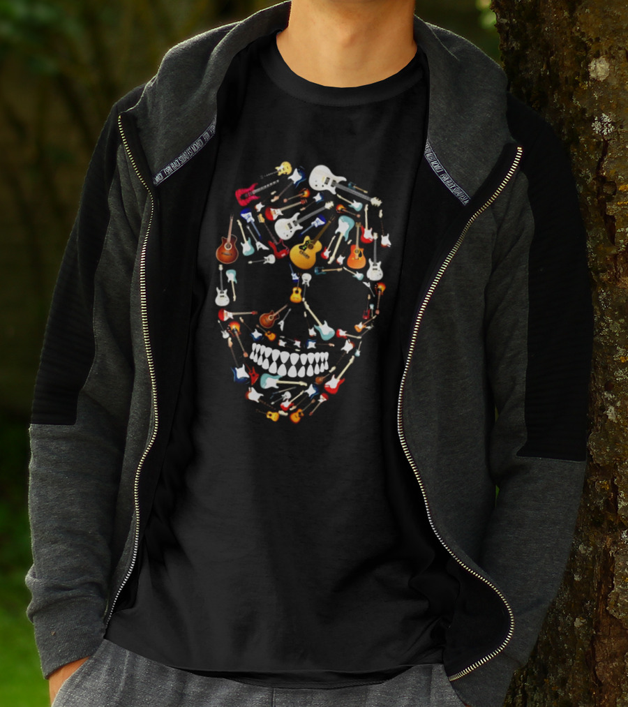 Guitar Skull Design Featuring Colorful Electric And Acoustic Instruments T-Shirt