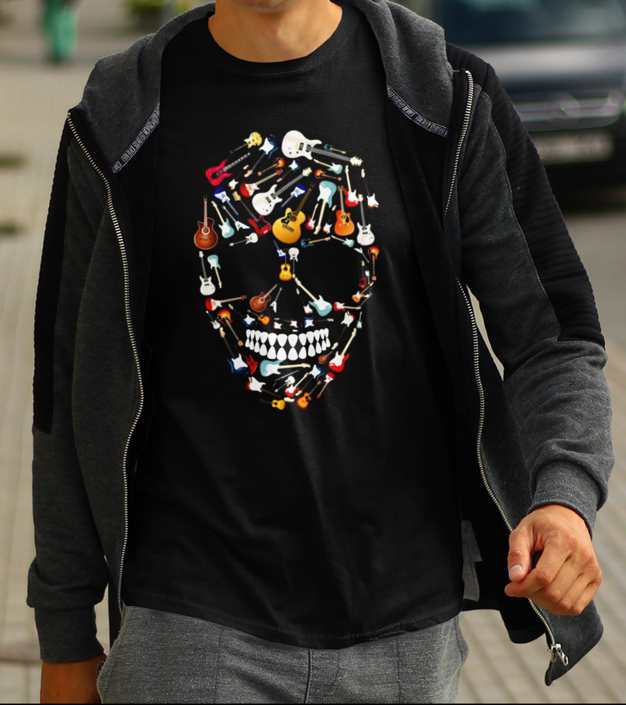 Guitar Skull Design Featuring Colorful Electric And Acoustic Instruments T-Shirt