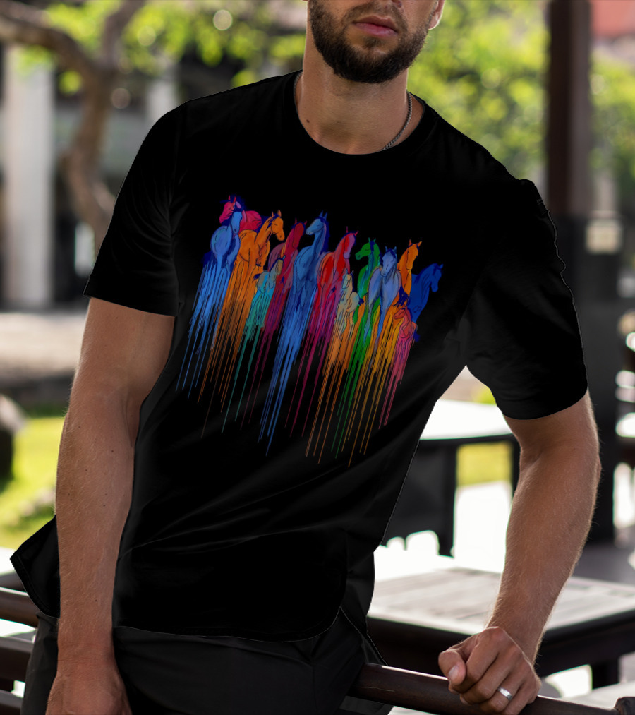 Horse Watercolor Rainbow Drip Multi-Color Herd T-Shirt