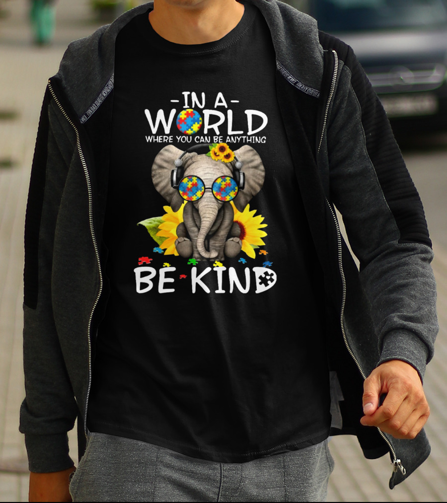 IN A WORLD WHERE YOU CAN BE ANYTHING BE KIND AUTISM ELEPHANT PUZZLE SUNFLOWER T-Shirt