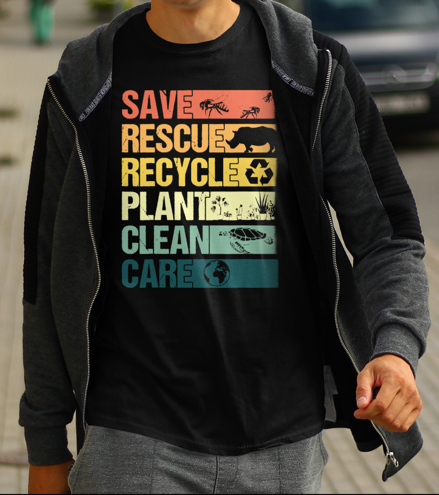 SAVE BEES RESCUE ANIMALS RECYCLE PLANT CLEAN CARE EARTH T-Shirt