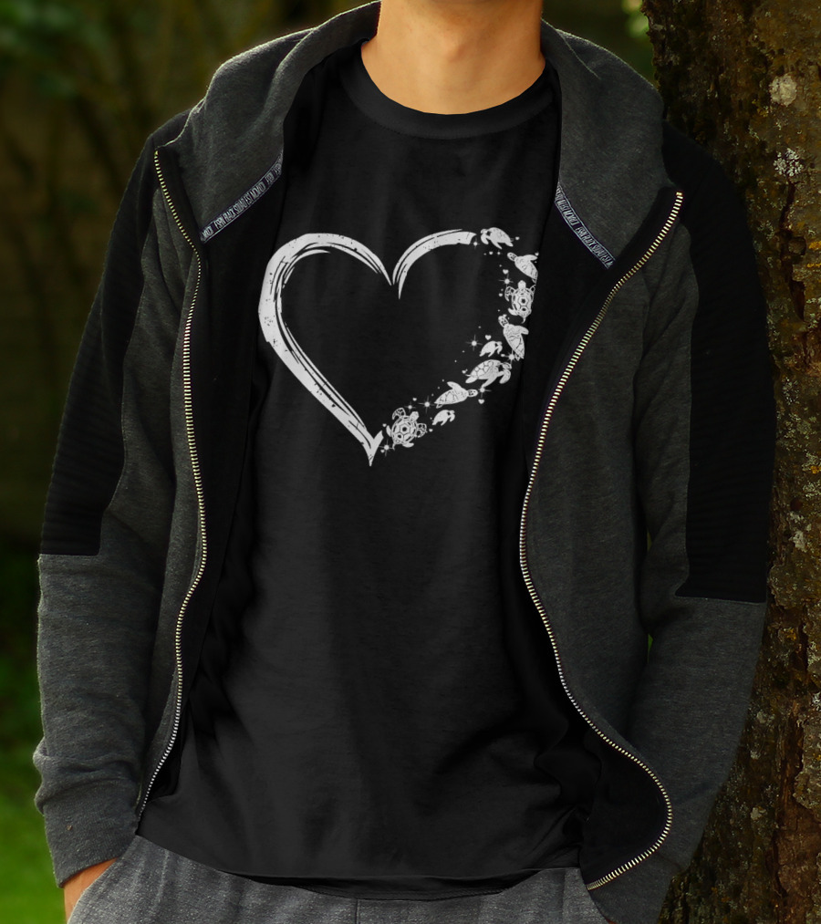 Turtle Heart Sketch Heart Shape With Sea Turtles And Stars T-Shirt