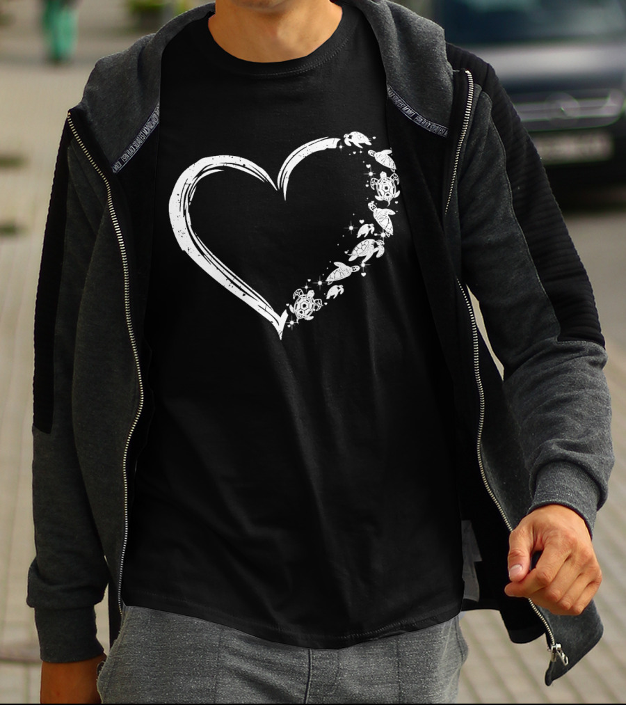 Turtle Heart Sketch Heart Shape With Sea Turtles And Stars T-Shirt