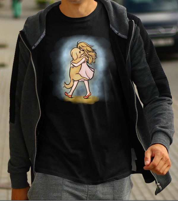 Girl Embracing Her Big Dog In Whimsical T-Shirt
