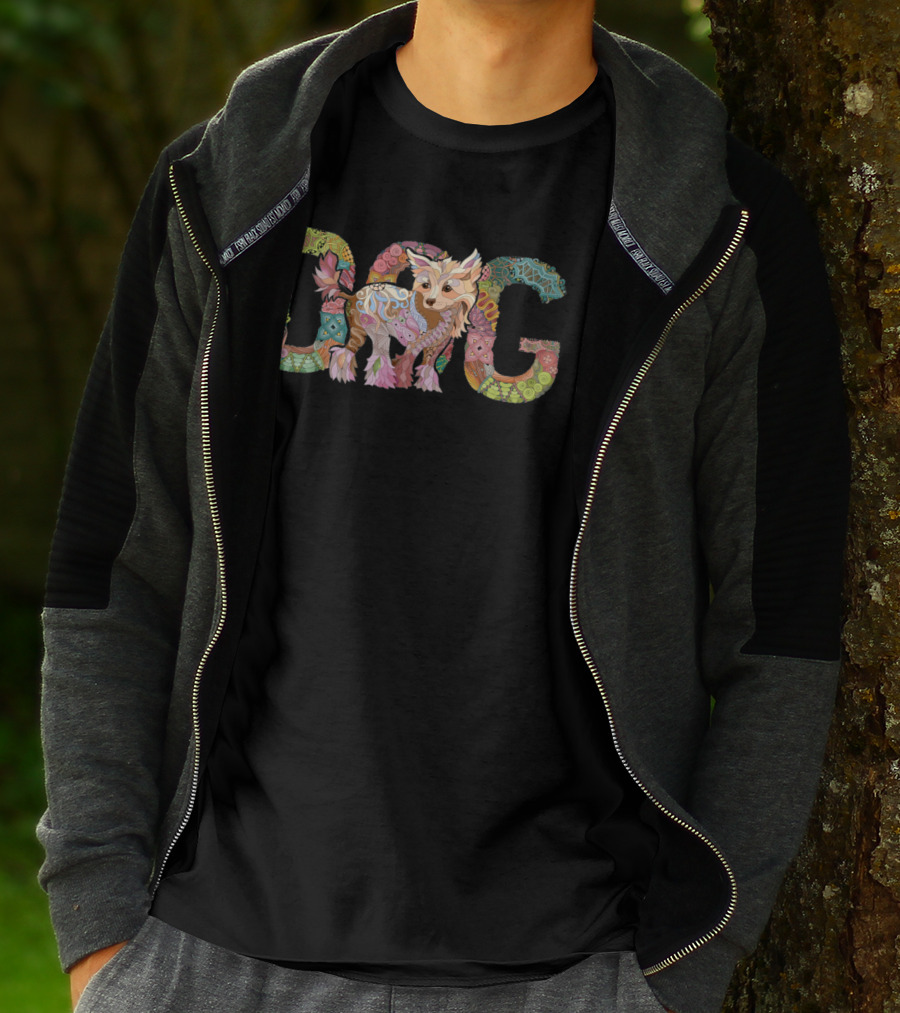 Floral Patterned Dog With Colorful Letters T-Shirt