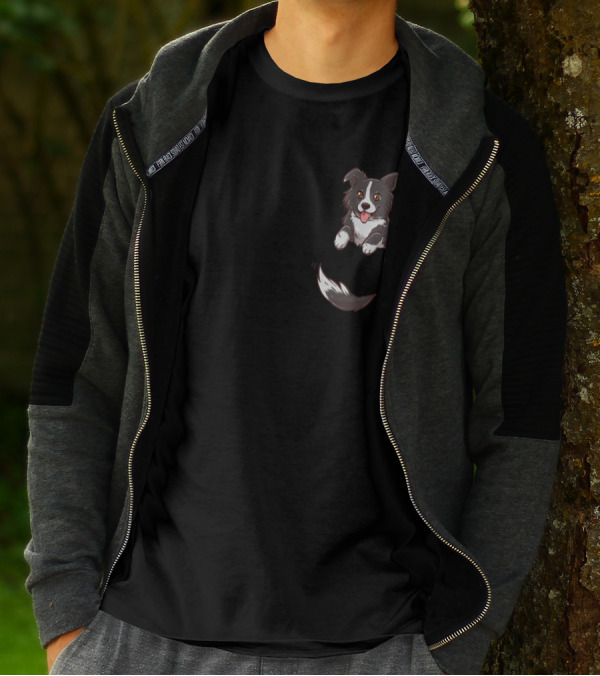 Pocket Cute Border Collie Dog Cartoon T-Shirt