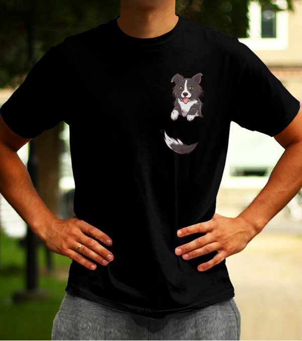 Pocket Cute Border Collie Dog Cartoon T-Shirt