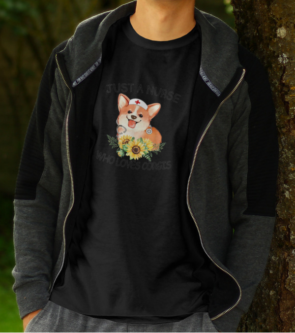 Nurse Loves Corgis With Cute Dog, Stethoscope, Nurse Hat, And Sunflowers T-Shirt
