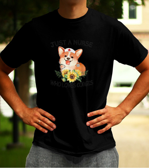 Nurse Loves Corgis With Cute Dog, Stethoscope, Nurse Hat, And Sunflowers T-Shirt