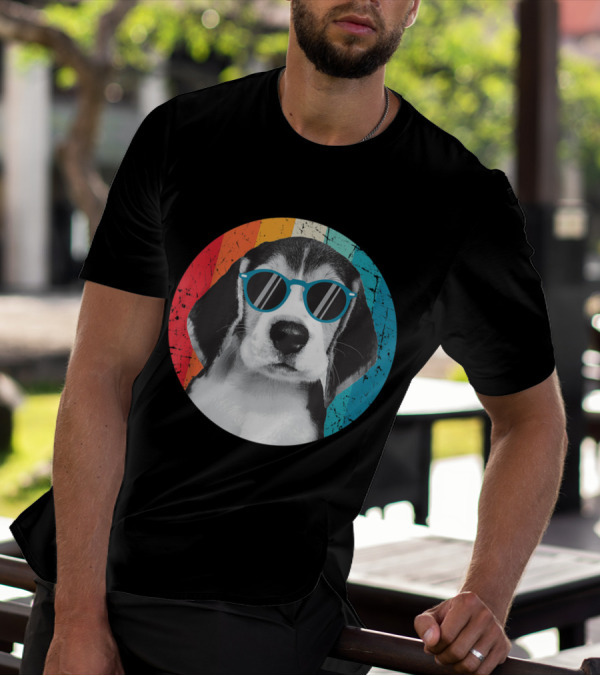 Beagle Wearing Sunglasses Retro Rainbow Circle T-Shirt