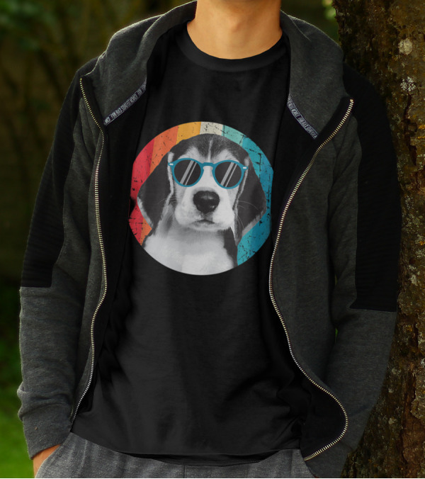 Beagle Wearing Sunglasses Retro Rainbow Circle T-Shirt