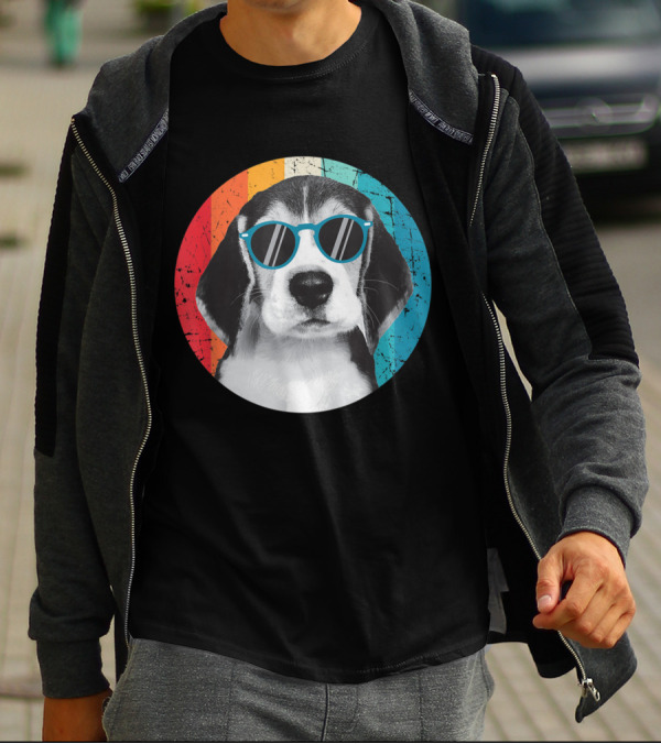 Beagle Wearing Sunglasses Retro Rainbow Circle T-Shirt