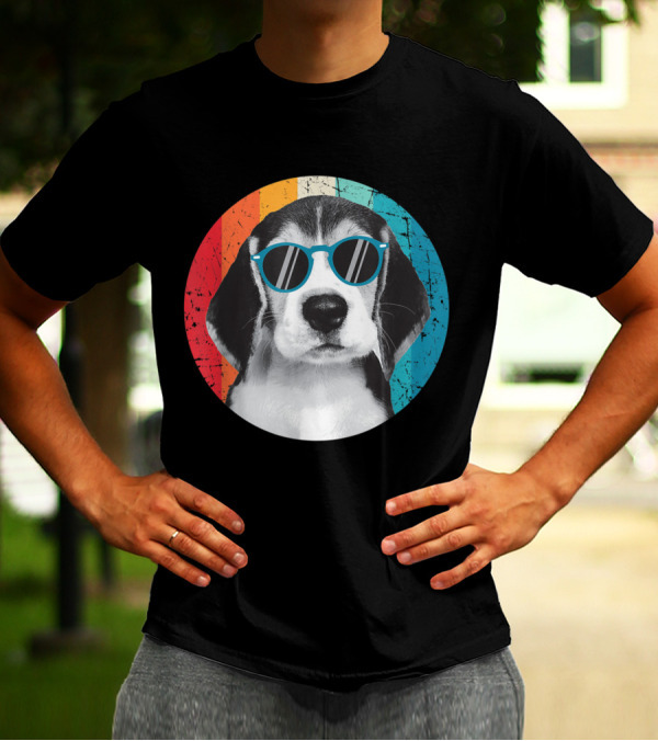 Beagle Wearing Sunglasses Retro Rainbow Circle T-Shirt