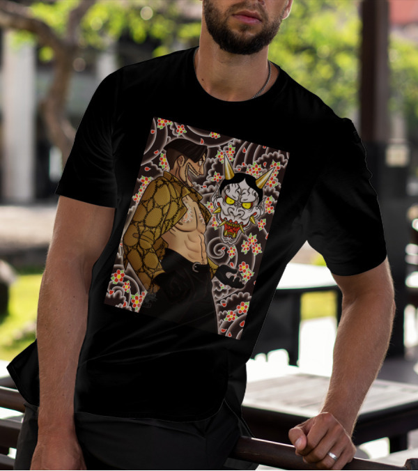 Mad Dog Of Shamano Oni Mask Floral Pattern Shirtless Character T-Shirt