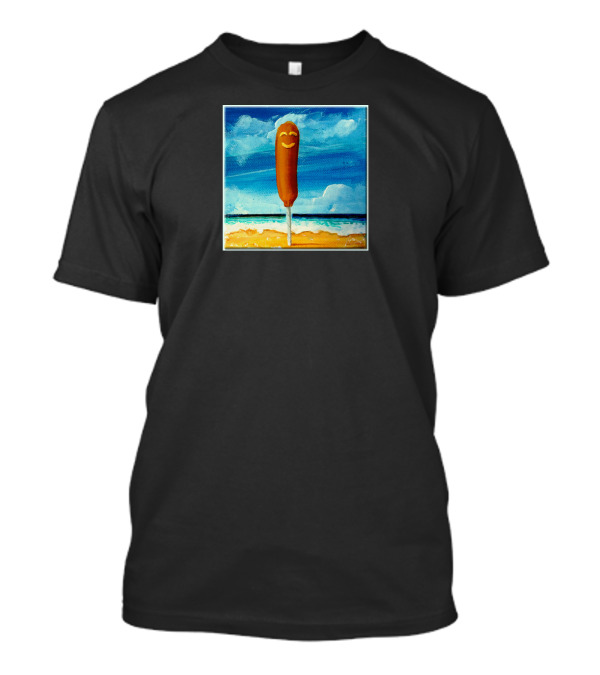 Corn Dog Smiling By The Ocean With Blue Sky And Sandy Horizon T-Shirt