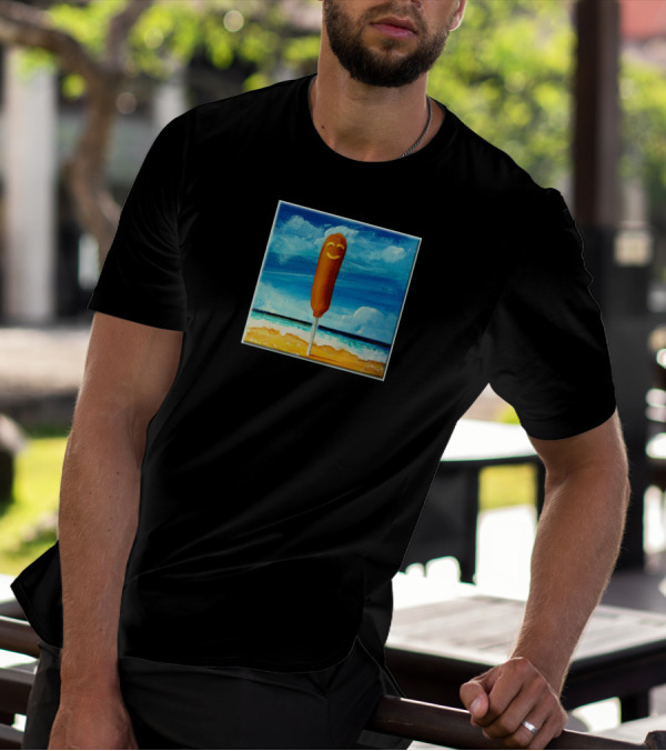 Corn Dog Smiling By The Ocean With Blue Sky And Sandy Horizon T-Shirt