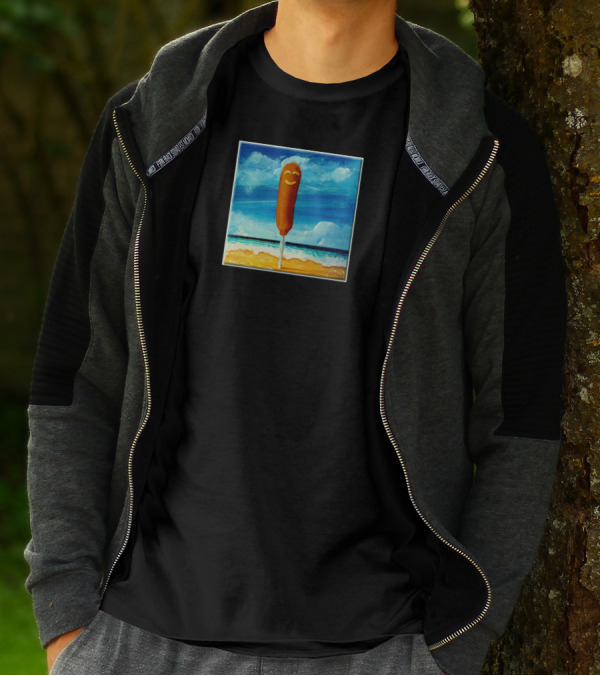 Corn Dog Smiling By The Ocean With Blue Sky And Sandy Horizon T-Shirt