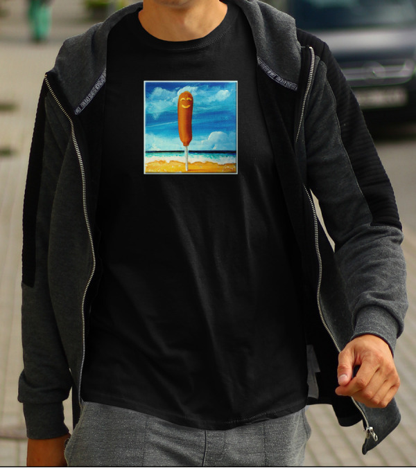 Corn Dog Smiling By The Ocean With Blue Sky And Sandy Horizon T-Shirt