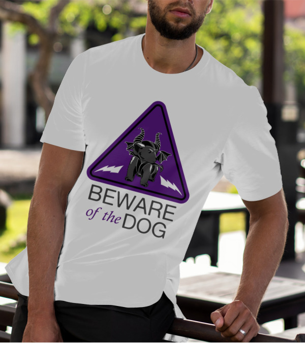 Beware Of The Dog With Horns And Bat Wings Inside Purple Triangle T-Shirt