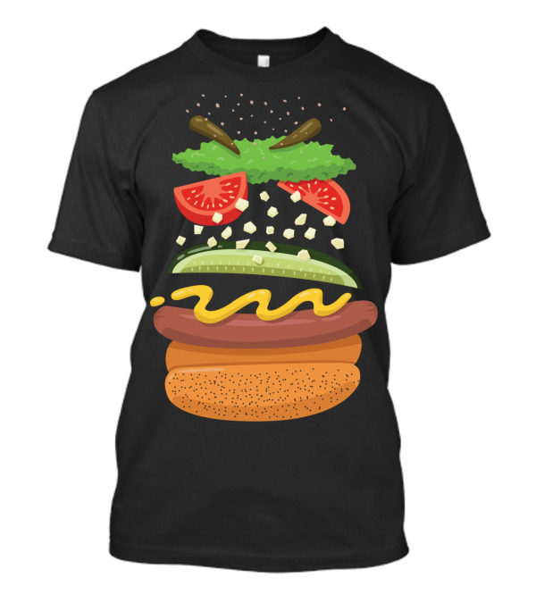 Chicago Style Hot Dog Ingredients Floating Assembly With Poppy Seed Bun, Mustard, Pickle, Peppers, Tomatoes, Onion, Relish T-Shirt