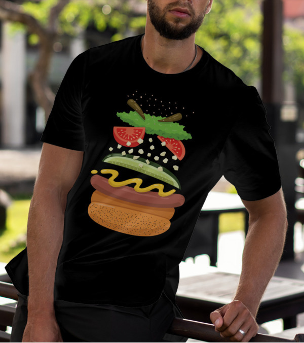 Chicago Style Hot Dog Ingredients Floating Assembly With Poppy Seed Bun, Mustard, Pickle, Peppers, Tomatoes, Onion, Relish T-Shirt