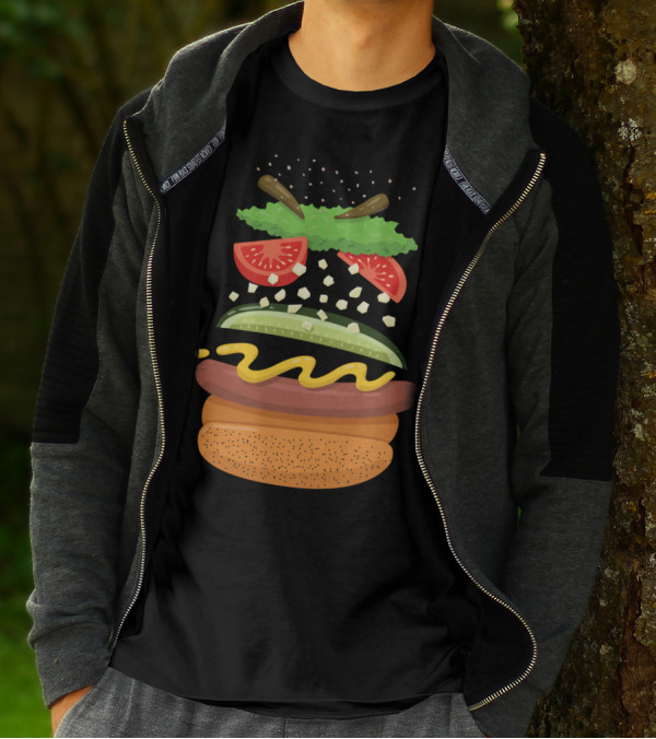 Chicago Style Hot Dog Ingredients Floating Assembly With Poppy Seed Bun, Mustard, Pickle, Peppers, Tomatoes, Onion, Relish T-Shirt