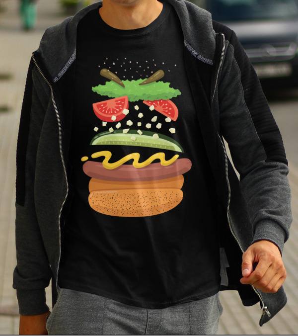 Chicago Style Hot Dog Ingredients Floating Assembly With Poppy Seed Bun, Mustard, Pickle, Peppers, Tomatoes, Onion, Relish T-Shirt