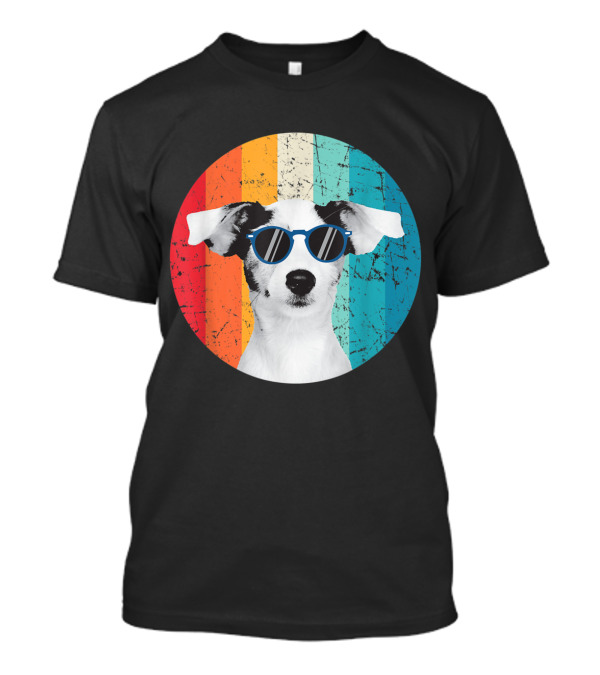 Vintage Jack Russell Dog With Sunglasses Retro Rainbow Circle Background T-Shirt