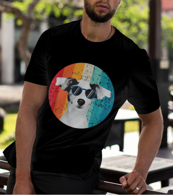 Vintage Jack Russell Dog With Sunglasses Retro Rainbow Circle Background T-Shirt