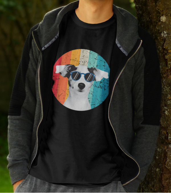 Vintage Jack Russell Dog With Sunglasses Retro Rainbow Circle Background T-Shirt