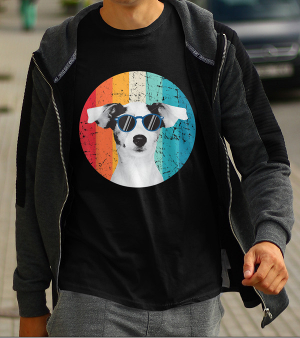 Vintage Jack Russell Dog With Sunglasses Retro Rainbow Circle Background T-Shirt