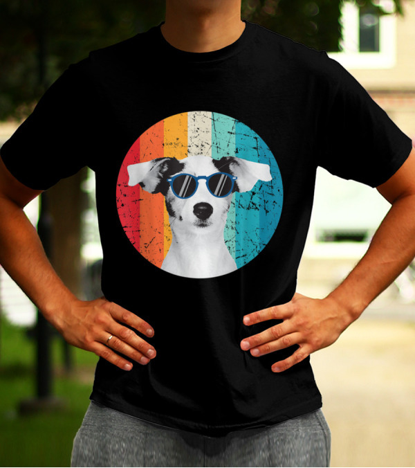 Vintage Jack Russell Dog With Sunglasses Retro Rainbow Circle Background T-Shirt