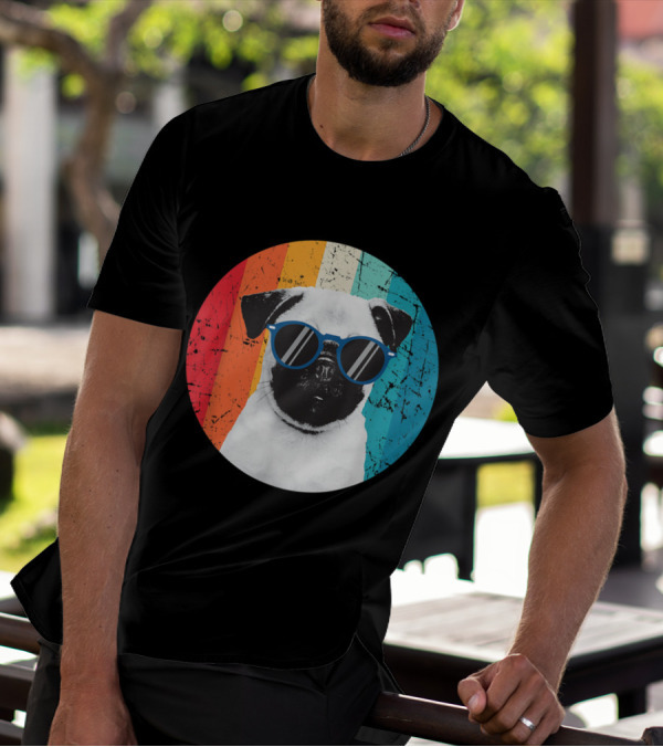 Vintage Pug Dog Lover Sunglasses Owner Retro Colorful Background T-Shirt