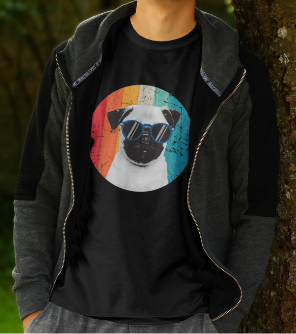 Vintage Pug Dog Lover Sunglasses Owner Retro Colorful Background T-Shirt