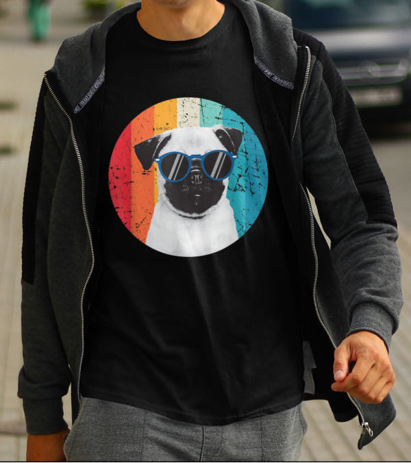 Vintage Pug Dog Lover Sunglasses Owner Retro Colorful Background T-Shirt