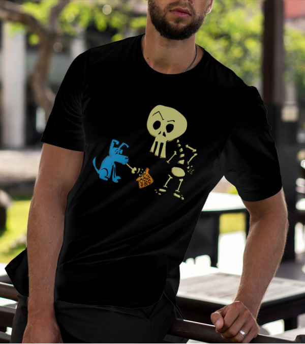 Blue And Bones Holding Fetch Dog Food With Blue Dog And Skeleton Cartoon T-Shirt