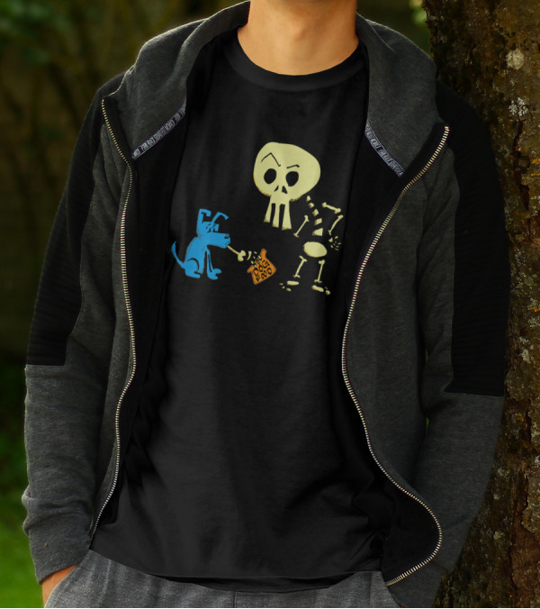 Blue And Bones Holding Fetch Dog Food With Blue Dog And Skeleton Cartoon T-Shirt