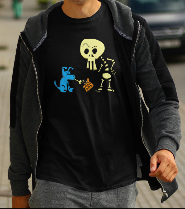 Blue And Bones Holding Fetch Dog Food With Blue Dog And Skeleton Cartoon T-Shirt