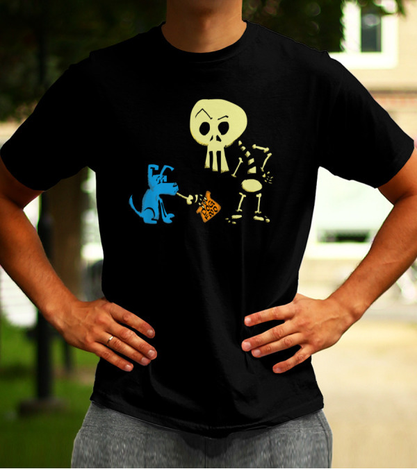 Blue And Bones Holding Fetch Dog Food With Blue Dog And Skeleton Cartoon T-Shirt