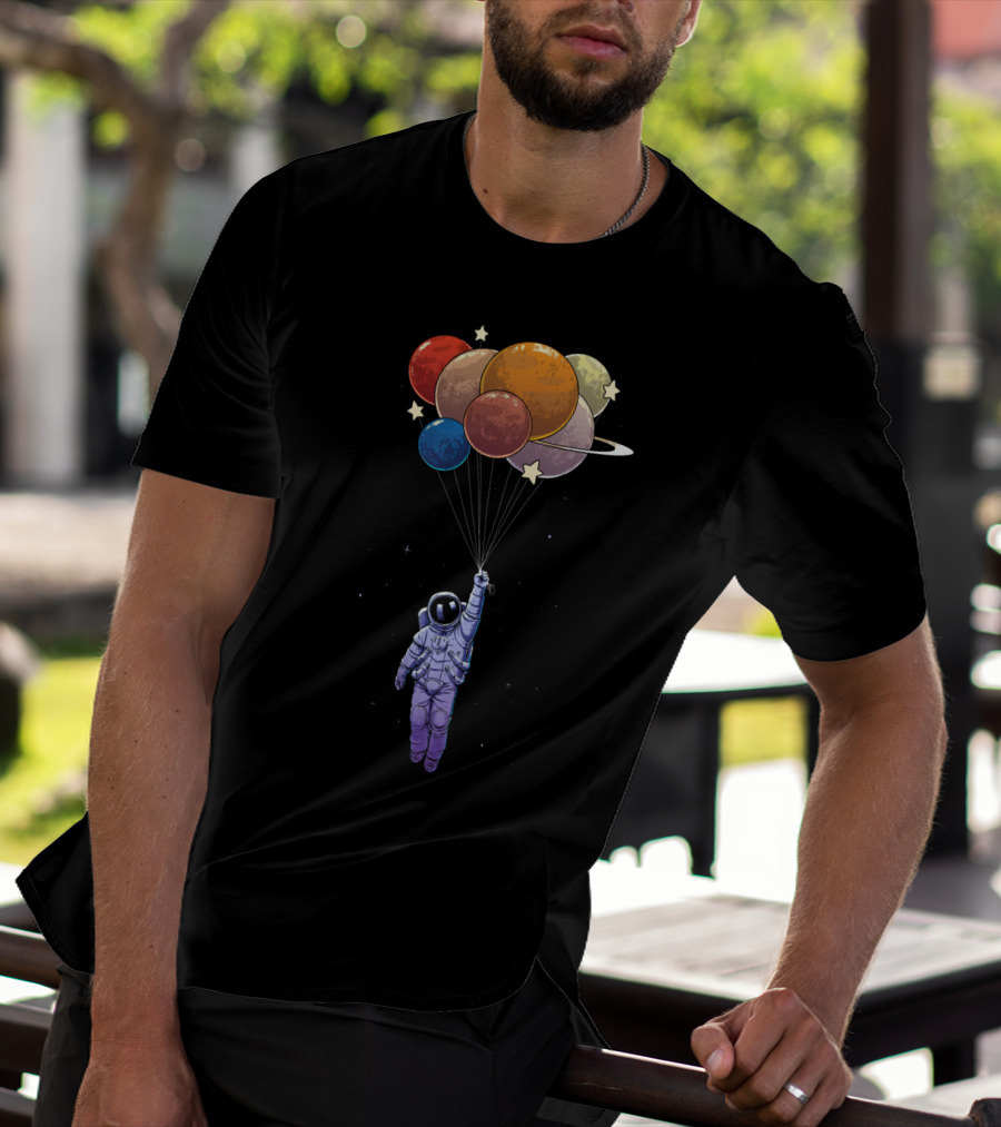 Amstrong Astronaut With Planet Balloons Floating In Space T-Shirt