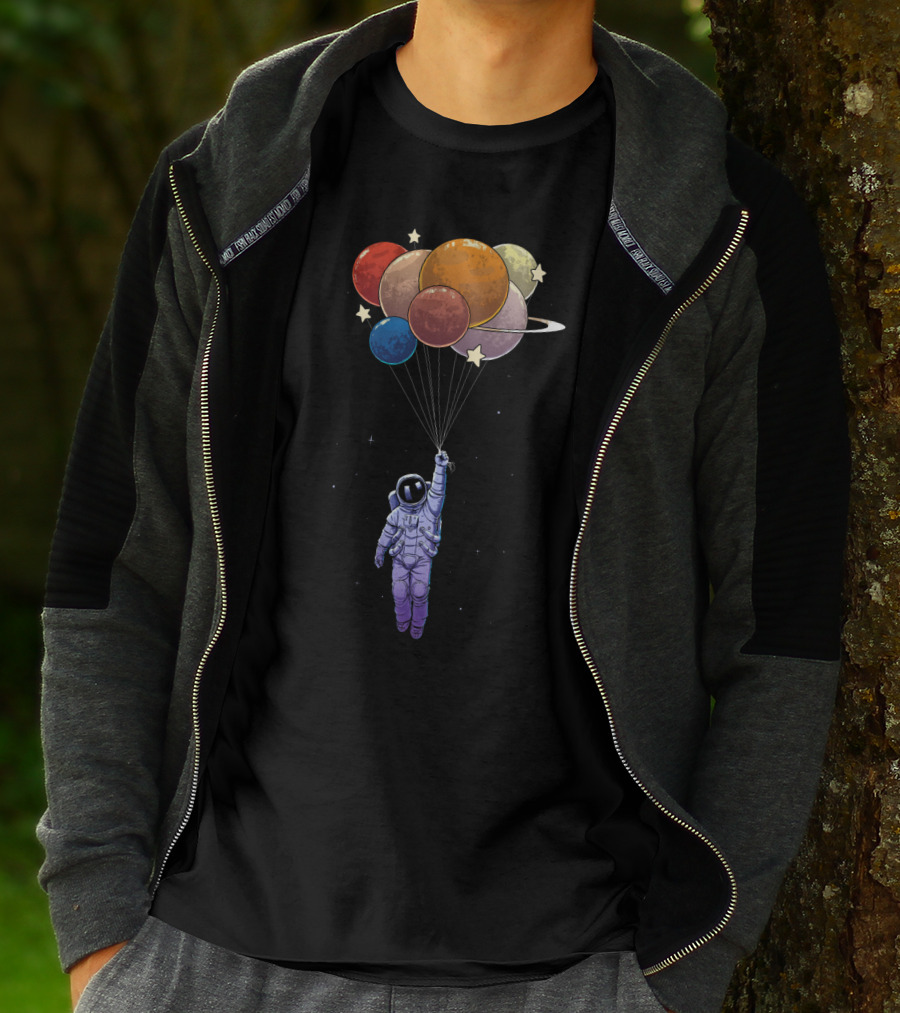 Amstrong Astronaut With Planet Balloons Floating In Space T-Shirt