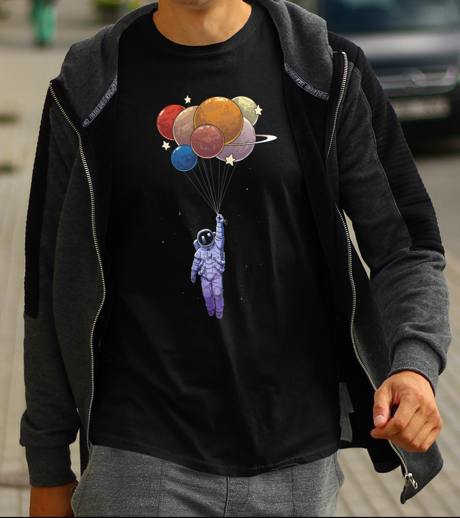 Amstrong Astronaut With Planet Balloons Floating In Space T-Shirt
