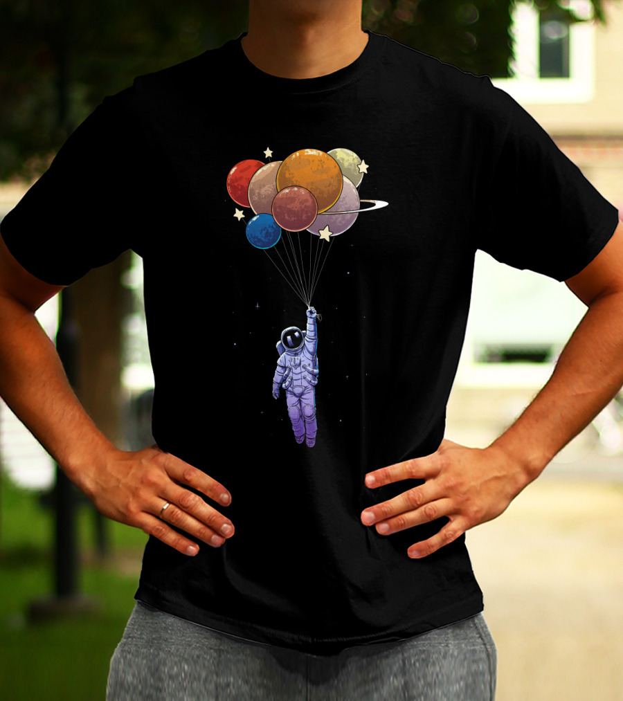 Amstrong Astronaut With Planet Balloons Floating In Space T-Shirt